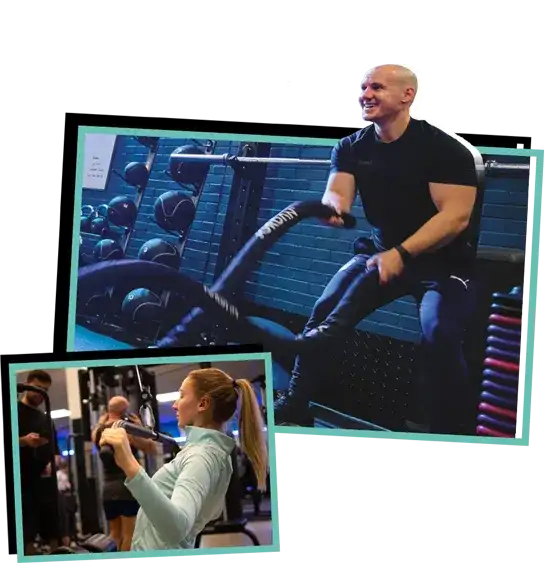 Collage of two images of a male and female using gym equipment